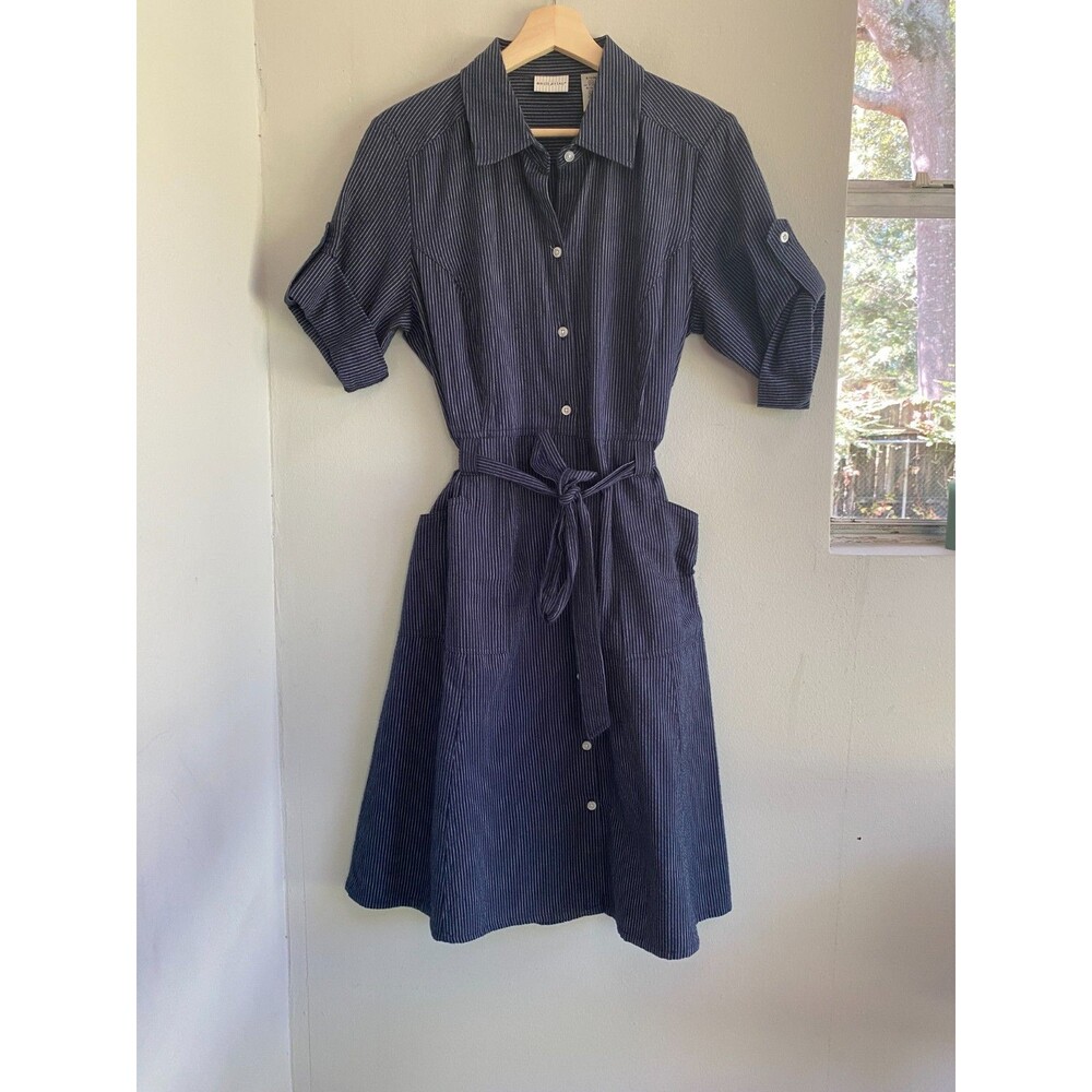 White Stag Navy Blue Pinstripe Jean Button Short Sleeve Midi Shirt Dress M
